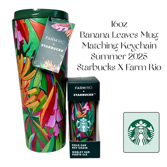 NEW STARBUCKS x FARM RIO 16oz Tumbler Green Banana Leaves Mini Keychain LE 2025 - Picture 1 of 10